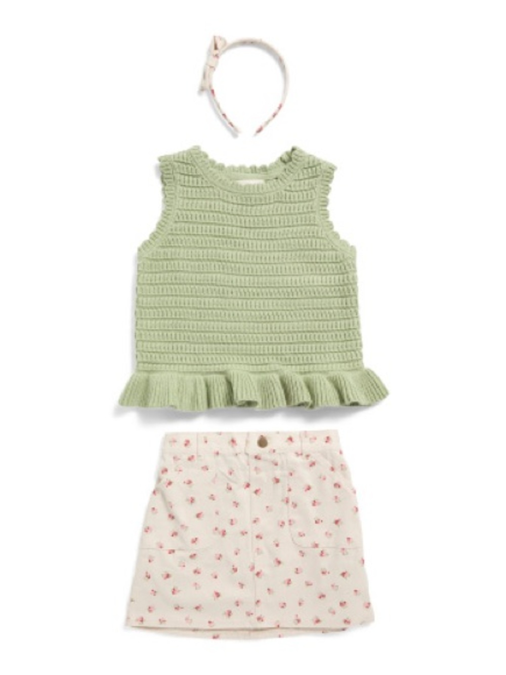 Unbranded Kids Sage Knit Ruffle Tank & Floral Skirt Matching Set